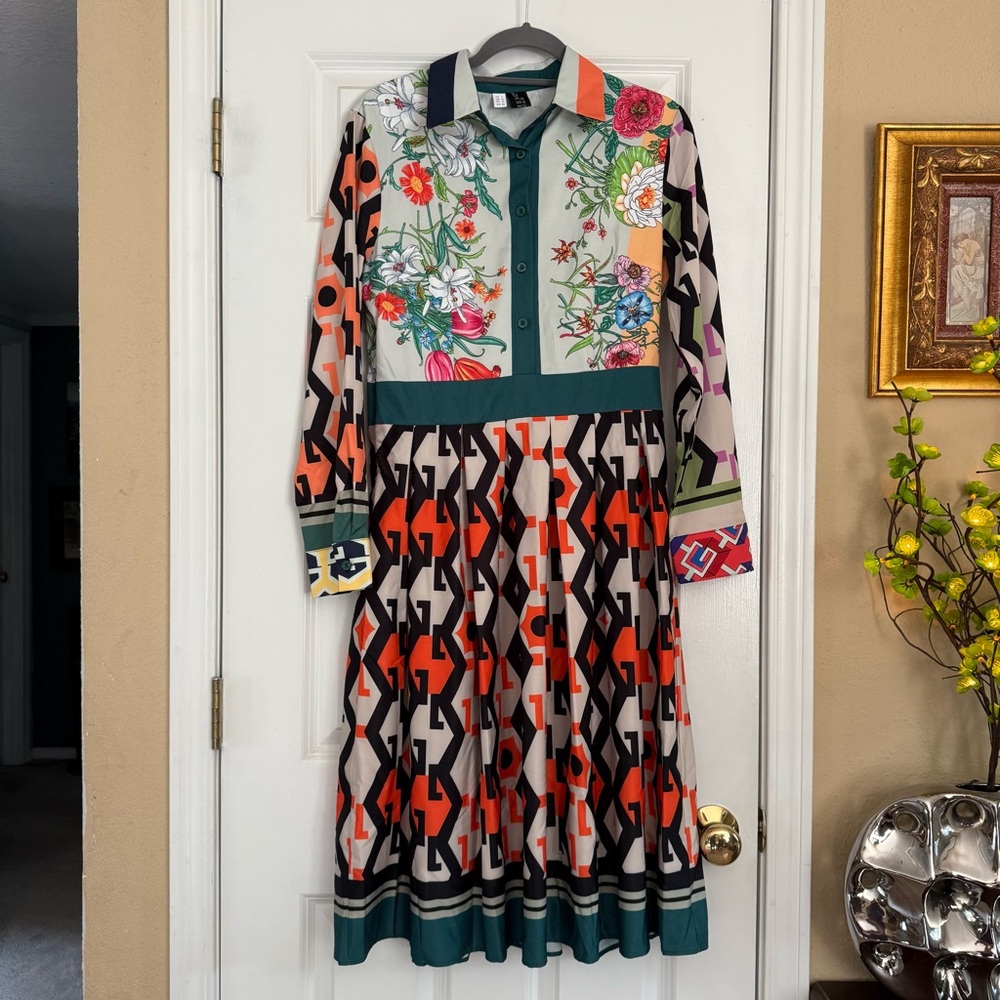 Floral and Geometric Long Sleeve Dress